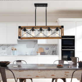 32 Walnut Industrial Farmhouse Rectangle Pendant Light, 5-Light Chandelier With Lampshades For Dining Room, Kitchen Island, Cafe Decor No Bulbs (Option: Walnut and black)